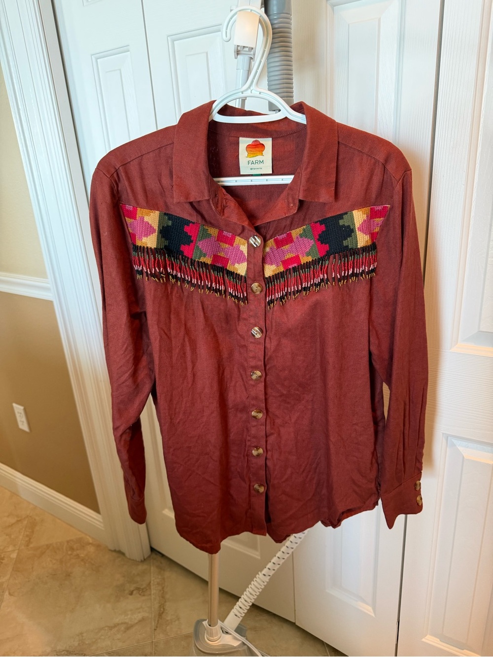 FARM Rio Rust Button-Down Shirt with Multicolor Fringe Yoke